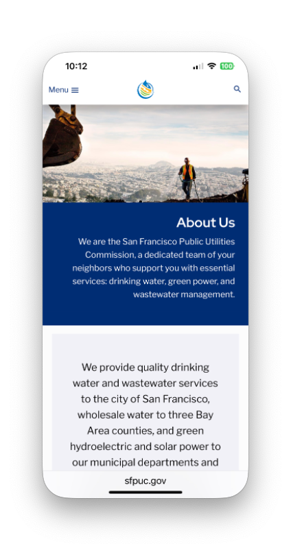 Mobile view of About Us page.