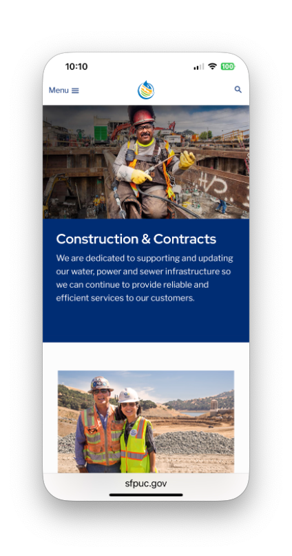 Mobile view of Construction and Contracts page.