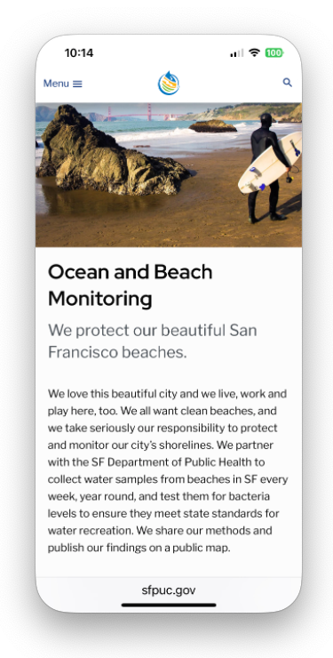Mobile view of ocean monitoring page.
