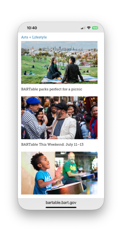 Mobile screen of arts & lifestyle section.