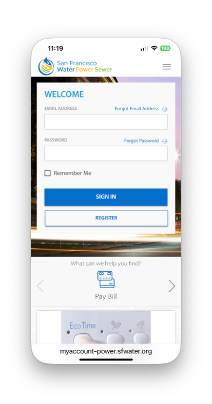 Accounts and services login page - mobile