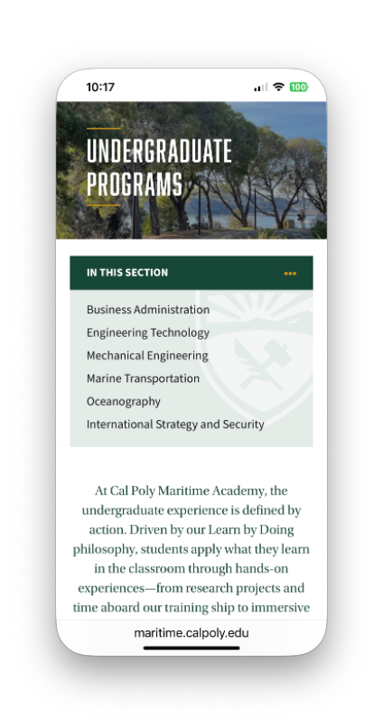 Mobile screen capture of undergraduate programs page