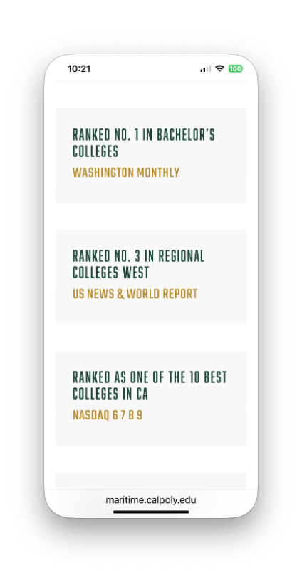 Mobile screen capture of school rankings content